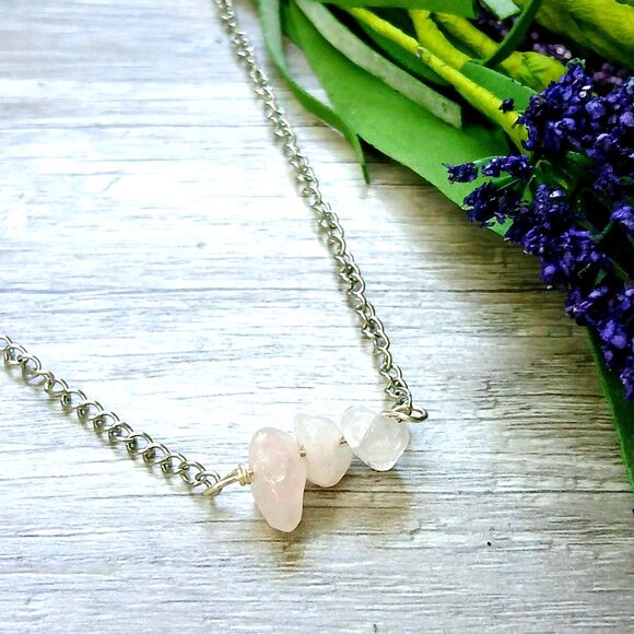 Dainty Rose Quartz Crystal Necklace, Stainless Steel, Gemstone - Picture 1 of 4